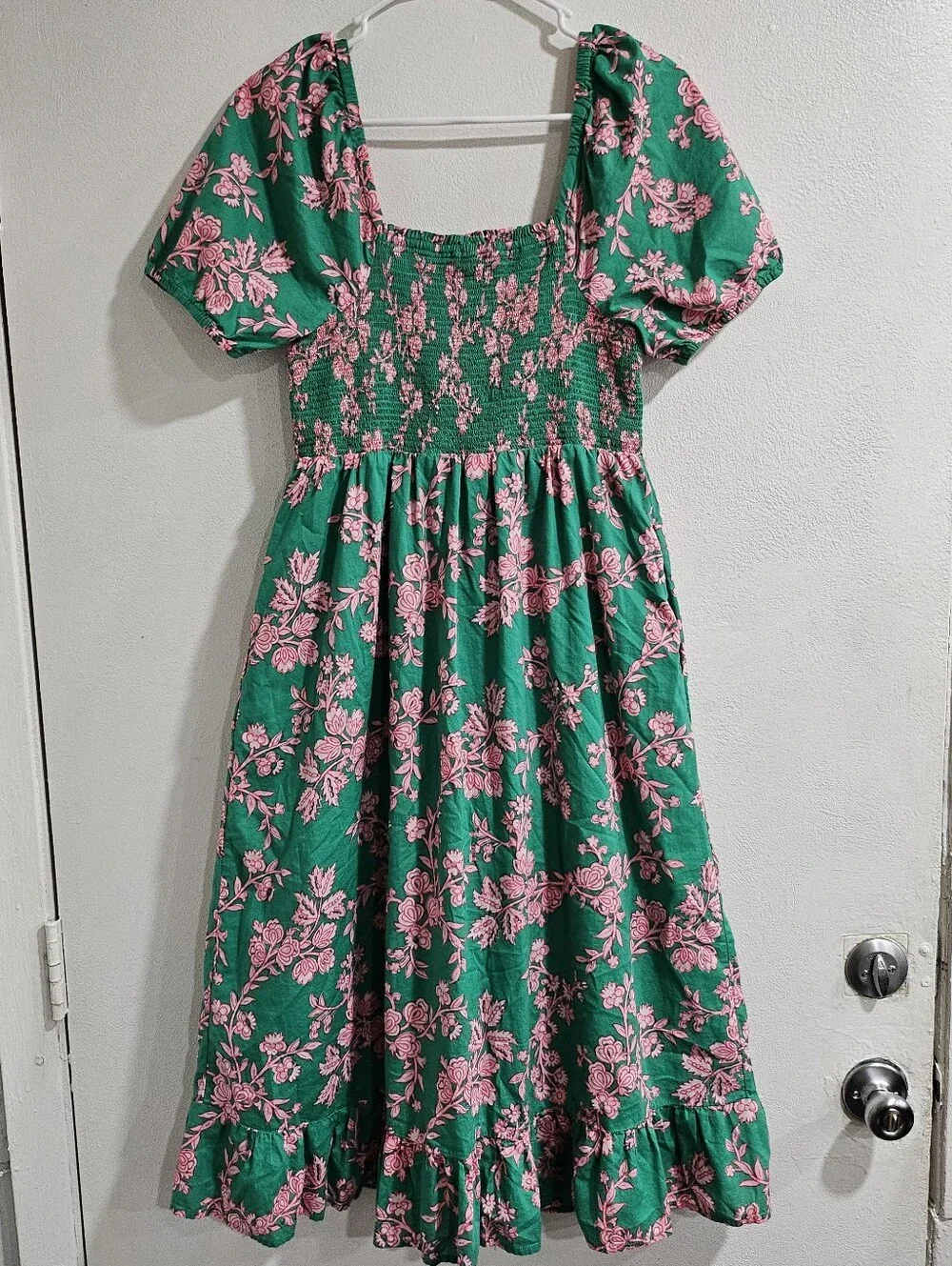 J.Crew Green Pink Floral Smocked Puff Sleeve Cotton Midi Dress Size S